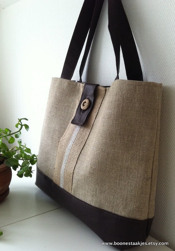 Burlap tote bag shoulder bag in jute burlap and leather | Etsy