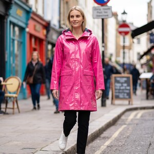 Hot Pink Vinyl Raincoat, Bubblegum Hooded Mac, Womens Glossy PVC Jacket, Y2K Festival Slicker, Shiny Pop Outerwear, Bright Patent Rain Shell