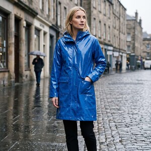 Royal Blue PVC Raincoat, Cobalt Vinyl Mac, Women's Hooded Rain Jacket, Glossy Coastal Slicker, Nautical Fisherman Outerwear, Wet Weather Mac