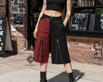 Red Tartan Bermuda Shorts, Punk Plaid Culottes, Unisex Knee Length Trousers, Grunge Wide Leg Bottoms, Gothic Alternative Streetwear