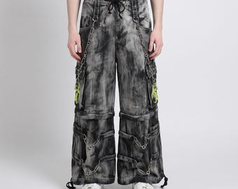 Gothic Cargo Pants | Cyberpunk Acid Wash Baggy Trousers | Chain Utility Punk Streetwear Biohazard Pants | Rave Festival Outfit Alt bottoms