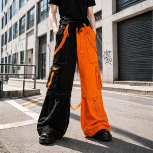 Tvåfärgade Rave Cargobyxor, Orangesvarta Baggy Techwear-byxor, Cyberpunk-byxor med vida ben, Y2K-festivalstreetwear, Unisex Clubwear