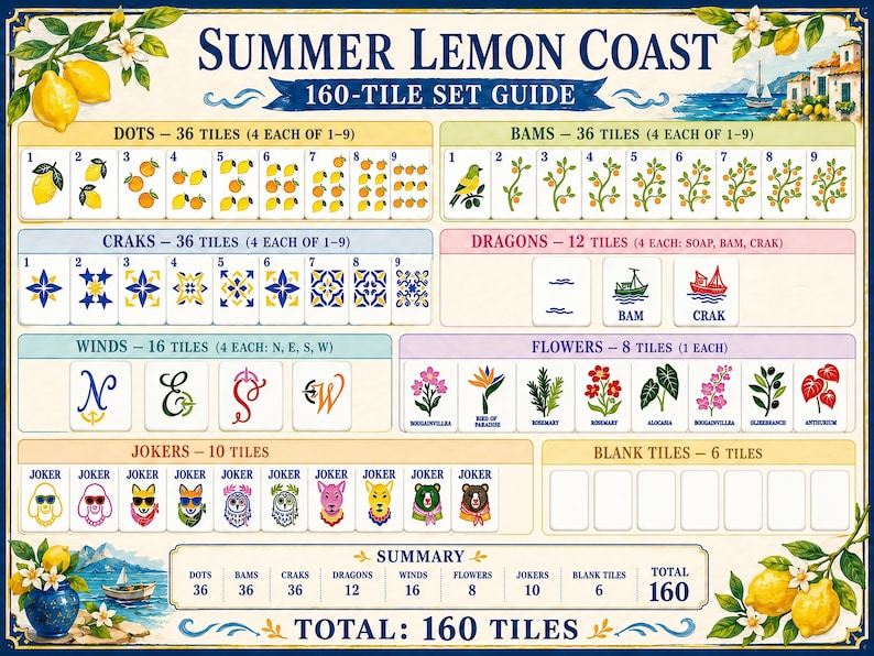 May include: A Summer Lemon Coast 160-tile set guide for Mahjong. The chart displays categories including Dots, Bams, Craks, Dragons, Winds, Flowers, Jokers, and blank tiles with illustrations of lemons, coastal scenes, and floral motifs throughout.