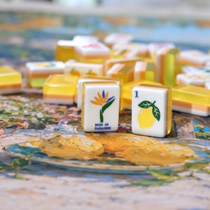 May include: A collection of rectangular mahjong tiles with translucent yellow bases and white tops. One tile features a colorful bird of paradise flower with the text BIRD OF PARADISE, while another displays a yellow lemon graphic and the number 1.