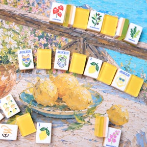 May include: A collection of rectangular mahjong tiles featuring white faces with colorful illustrations of plants, fruits, and animals, including joker tiles with a fox, owl, and dog, alongside translucent yellow tiles with a smooth finish.