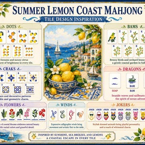 May include: A Summer Lemon Coast Mahjong tile design inspiration chart featuring sections for dots, bams, craks, dragons, flowers, winds, and jokers. The central image displays lemons in a bowl against a coastal landscape with sailboats and houses.