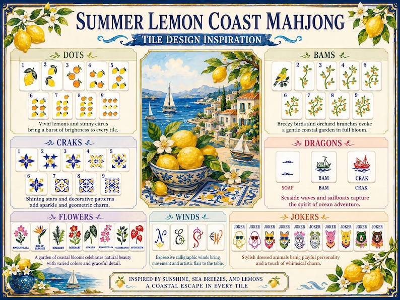 May include: A Summer Lemon Coast Mahjong tile design inspiration chart featuring sections for dots, bams, craks, dragons, flowers, winds, and jokers. The central image displays lemons in a bowl against a coastal landscape with sailboats and houses.