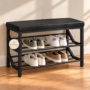 May include: A black metal shoe rack bench with a padded black seat and two horizontal shelves for footwear storage. The frame features a rectangular design with a circular ZENVORA logo tag attached to the side. Four pairs of sneakers are displayed.