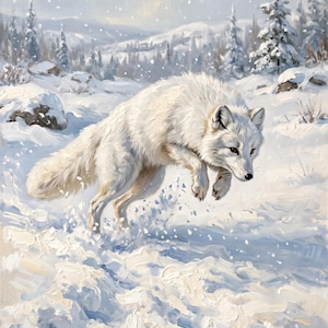 May include: An oil painting depicting a white arctic fox leaping through deep snow. The fox has thick white fur, dark eyes, and a black nose. The background features a snowy landscape with scattered evergreen trees under a light sky.