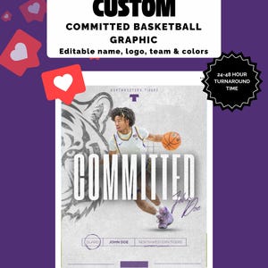 May include: A digital graphic featuring a basketball player in a white jersey dribbling a basketball. The text reads CUSTOM COMMITTED BASKETBALL GRAPHIC, Editable name, logo, team & colors, COMMITTED, John Doe, GUARD, and NORTHWESTERN TIGERS.