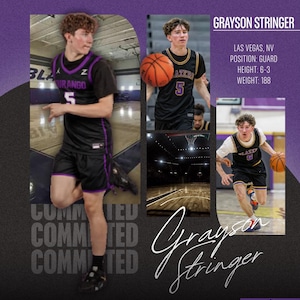 May include: A sports recruitment graphic featuring Grayson Stringer, a basketball player in a black and purple uniform with the number 5. The text includes University of Tigers, Las Vegas, NV, Position: Guard, Height: 6-3, Weight: 188, and Committed.