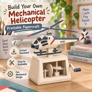 May include: A papercraft mechanical helicopter model with a beige body, dark blue accents, and red stripes, labeled H-01. The helicopter sits on a beige base with an exposed internal gear mechanism and a hand crank on the side for manual operation.