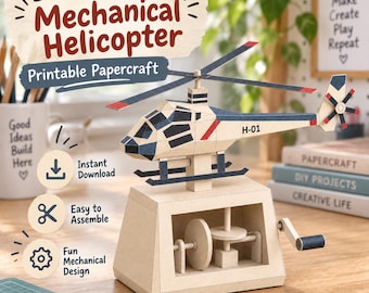 Puede incluir: Un modelo de helicóptero mecánico de papel con cuerpo beige, detalles en azul oscuro y franjas rojas, etiquetado como H-01. El helicóptero se asienta sobre una base beige con un mecanismo de engranajes interno expuesto y una manivela lateral.
