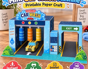 Puede incluir: Un set de manualidades de papel imprimible que muestra una mini estación de lavado con estructura azul, cepillos amarillos y azules, un coche amarillo y un túnel de salida. Incluye el texto Mini Car Wash Machine, Clean & Go y Exit.