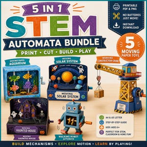 Puede incluir: Un paquete de autómatas STEM 5 en 1 con juguetes de papel imprimibles que incluyen un acuario móvil, sistema solar, grúa de construcción, casa embrujada y robot caminante. El set incluye instrucciones para tamaños A4 y carta.