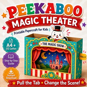 Può includere: Un kit di teatro magico in carta intitolato PEEKABOO MAGIC THEATER. Il set presenta un palcoscenico color verde acqua con tende rosse, uno sfondo con castello e un coniglio con cilindro. Include etichette per formati A4 e US Letter, guida e download.