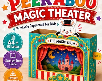 Puede incluir: Un kit de teatro mágico de papel titulado PEEKABOO MAGIC THEATER. El conjunto presenta un escenario color verde azulado con cortinas rojas, un fondo de castillo y un conejo con sombrero de copa. Incluye etiquetas para tamaños A4 y US Letter, guía y descarga.