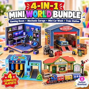 Puede incluir: Un paquete de mini mundos 4 en 1 que incluye cuatro juegos en miniatura: una sala de juegos con computadora, un taller mecánico con auto, un lavado de autos con vehículo amarillo y una estación de tren con tren. Incluye etiquetas de texto.