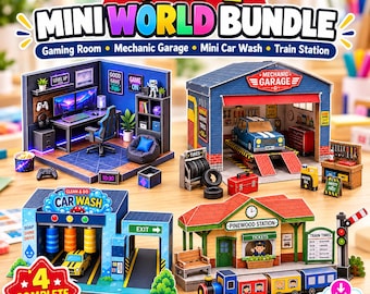 Puede incluir: Un paquete de mini mundos 4 en 1 que incluye cuatro juegos en miniatura: una sala de juegos con computadora, un taller mecánico con auto, un lavado de autos con vehículo amarillo y una estación de tren con tren. Incluye etiquetas de texto.