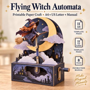 Pode incluir: Um kit de artesanato em papel Flying Witch Automata com uma bruxa numa vassoura diante de uma lua crescente. O conjunto inclui 11 páginas de modelos A4, 11 páginas de modelos US Letter e um manual de instruções de 8 páginas.