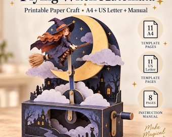 Puede incluir: Un kit de manualidades en papel Flying Witch Automata que muestra a una bruja en una escoba frente a una luna creciente. El set incluye 11 páginas de plantillas A4, 11 páginas de plantillas US Letter y un manual de 8 páginas.