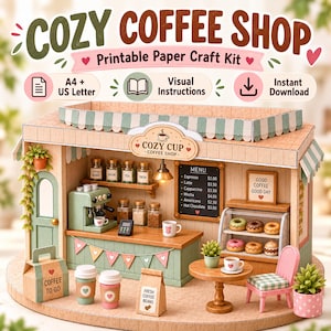 May include: A printable paper craft kit for a miniature coffee shop titled Cozy Coffee Shop. The set includes a green and tan shop structure, a menu board, a display case with donuts, a table with a chair, and coffee-themed accessories.