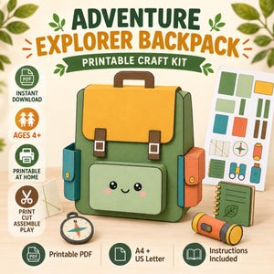 May include: A printable craft kit for an adventure explorer backpack featuring a green paper backpack with a yellow flap, a cute face, and side pockets. Includes a compass, a notebook, a flashlight, and a sheet of paper cutouts for assembly.