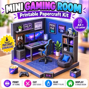 Könnte beinhalten: Ein druckbares Papierbastelset für ein Mini-Gaming-Zimmer mit Schreibtisch, zwei Monitoren, Gaming-Stuhl, Sitzsack, Bücherregal und Wanddekoration. Das Set enthält Textelemente wie 'MINI GAMING ROOM', 'LEVEL UP', 'FOCUS PLAY WIN', 'GAME ON' und '10:30'.