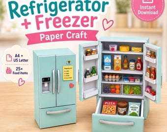 May include: A printable paper craft set featuring a light blue refrigerator and freezer. The set includes over 25 miniature food items, a shopping list, and instructions for assembly on A4 and US Letter paper for an instant download project.