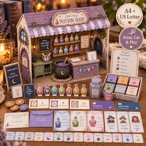 May include: A printable paper craft set featuring a Little Magic Potion Shop structure, potion bottles, ingredient boxes, currency notes, and cards. The set includes a cauldron, a shop counter, and various labels with text like Magical Ingredients and Potion Pay.