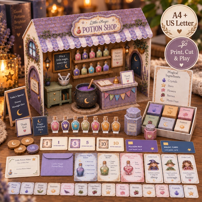 May include: A printable paper craft set featuring a Little Magic Potion Shop structure, potion bottles, ingredient boxes, currency notes, and cards. The set includes a cauldron, a shop counter, and various labels with text like Magical Ingredients and Potion Pay.