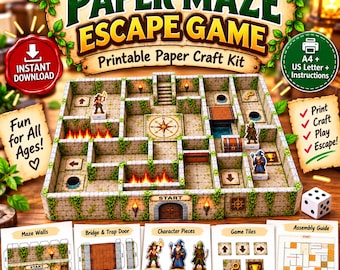 Puede incluir: Un kit de manualidades imprimible Paper Maze Escape Game que incluye un laberinto 3D con textura de piedra, piezas de personajes, obstáculos de fuego y trampas. Incluye guías de montaje, fichas de juego e instrucciones de tamaño.