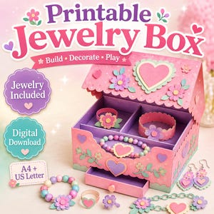 May include: A printable jewelry box kit featuring a pink paper chest with a heart-shaped lid, a pull-out drawer, and decorative floral and heart cutouts. Includes paper-crafted bracelets, rings, and earrings with pastel beads and flower accents.