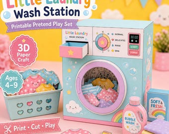 Puede incluir: Un set de juego de manualidades en papel 3D Little Laundry Wash Station que incluye una lavadora azul claro con puerta circular, una cesta de ropa a juego con pequeñas camisetas de papel, una botella de Bubble Wash y cuadrados de tela de papel.