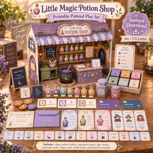 Könnte beinhalten: Ein ausdruckbares Rollenspiel-Set mit dem Titel Little Magic Potion Shop, bestehend aus einem Miniatur-Laden, Zaubertrankflaschen, Zutatenboxen, Spielgeld, Zahlungskarten, Rezeptkarten, Bestellkarten, einem Zertifikat und einem Umschlag.