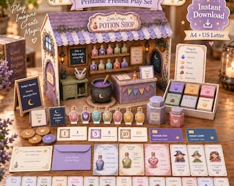 Puede incluir: Un set de juego de simulación imprimible titulado Little Magic Potion Shop que incluye una estructura de tienda en miniatura, frascos de pociones, cajas de ingredientes, dinero de juguete, tarjetas de pago, recetas y tarjetas de pedido.