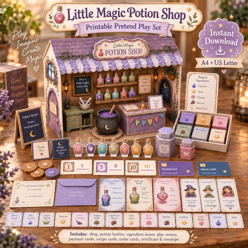 May include: A printable pretend play set titled Little Magic Potion Shop featuring a miniature shop structure, potion bottles, ingredient boxes, play money, payment cards, recipe cards, order cards, a certificate, and an envelope on a surface.