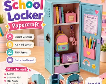 Puede incluir: Una taquilla escolar de papel azul claro con la puerta abierta, que incluye estantes interiores, un cajón extraíble y accesorios en miniatura como una mochila, fiambrera, botella de agua y estuche. La puerta muestra un horario escolar.