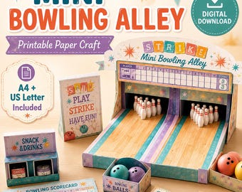 Puede incluir: Un set de bolera en miniatura de papel imprimible que incluye una pista con marcador, bolos en miniatura, bolas de bolos, un puesto de snacks y bebidas, y tarjetas de puntuación. El set incluye textos como Mini Bowling Alley, Strike, Play Strike Have Fun y A4 + US Letter Included.