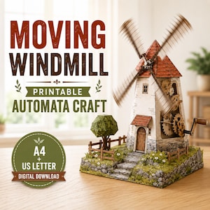 Könnte beinhalten: Ein Papiermodell einer Windmühle mit rotem Dach, Steinsockel und Holztür. Die Windmühle hat sichtbare interne Zahnräder und eine Handkurbel. Der Text lautet MOVING WINDMILL PRINTABLE AUTOMATA CRAFT und A4 + US LETTER DIGITAL DOWNLOAD.