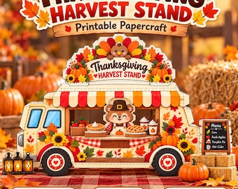 Puede incluir: Un puesto de cosecha de Acción de Gracias de papel imprimible con diseño de camión de comida, un oso con sombrero, calabazas, girasoles y hojas de otoño. El puesto incluye un menú con maíz, manzanas, tarta de calabaza y sidra caliente.
