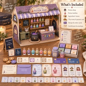 May include: A miniature potion shop playset featuring a purple roof, shelves with colorful potion bottles, a black cauldron, and a counter. Includes ingredient boxes, play money, payment cards, recipe cards, and a certificate with an envelope.