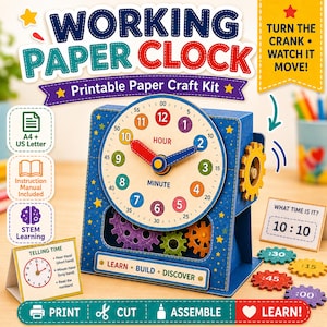 Peut inclure: Un kit de bricolage en papier imprimable pour une horloge en papier fonctionnelle avec un cadre bleu à étoiles jaunes, un cadran central aux marqueurs colorés, une manivelle latérale, des engrenages et des cartes pédagogiques pour apprendre l'heure.