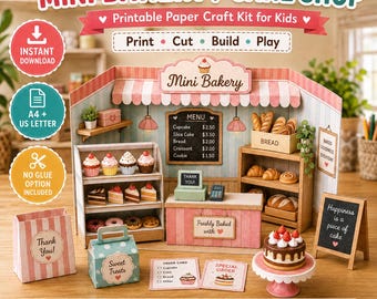 May include: A printable paper craft kit for a mini bakery and cake shop. The set includes a bakery storefront, shelves with paper pastries, a cake on a stand, order cards, and boxes. Text includes Mini Bakery, Menu, Thank You, and Sweet Treats.