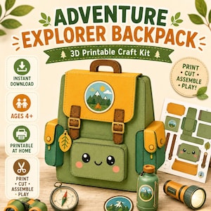 Puede incluir: Un kit de manualidades imprimible en 3D para una mochila Adventure Explorer. El kit incluye una mochila de papel verde y amarilla con una cara sonriente, una brújula, una cantimplora, una linterna y una hoja con piezas para recortar y montar.