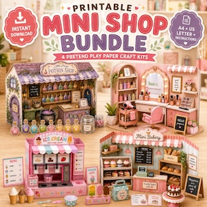 Può includere: Un set di mini negozi stampabili che include quattro kit di carta per giochi di ruolo: un negozio di pozioni, un salone di bellezza, una macchina per gelati e una panetteria, completi di vari accessori in miniatura, menu e insegne.