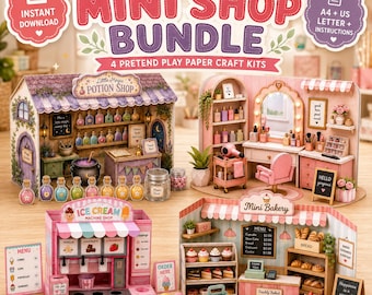 Puede incluir: Un paquete de mini tiendas imprimibles que incluye cuatro kits de manualidades en papel para juegos de simulación: una tienda de pociones, un salón de belleza, una máquina de helados y una panadería, con accesorios, menús y letreros.