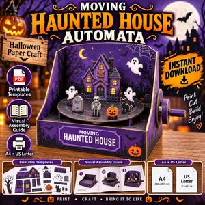 Può includere: Un kit di artigianato in carta per un automa a forma di casa stregata, con struttura viola, piattaforma rotante, fantasmi, uno scheletro, una zucca e un gatto nero. Include modelli stampabili e una guida visiva all'assemblaggio.
