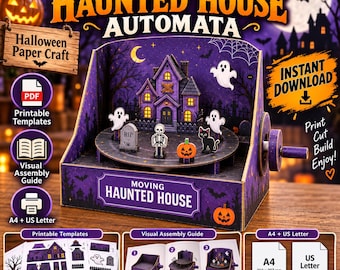 Puede incluir: Un kit de manualidades en papel para un autómata de casa encantada con una estructura morada, plataforma giratoria, fantasmas, un esqueleto, una calabaza y un gato negro. Incluye plantillas imprimibles y una guía de montaje visual.