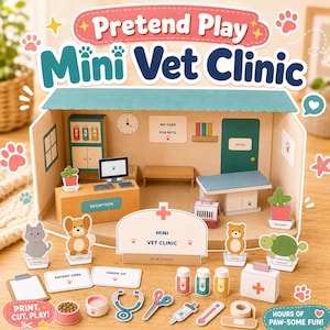 以下が含まれることがあります： 紙製のPretend Play Mini Vet Clinicセット。受付カウンター、診察台、猫、犬、熊、亀などの動物フィギュアが含まれています。聴診器、注射器、薬瓶などの医療用アクセサリーも付属しています。